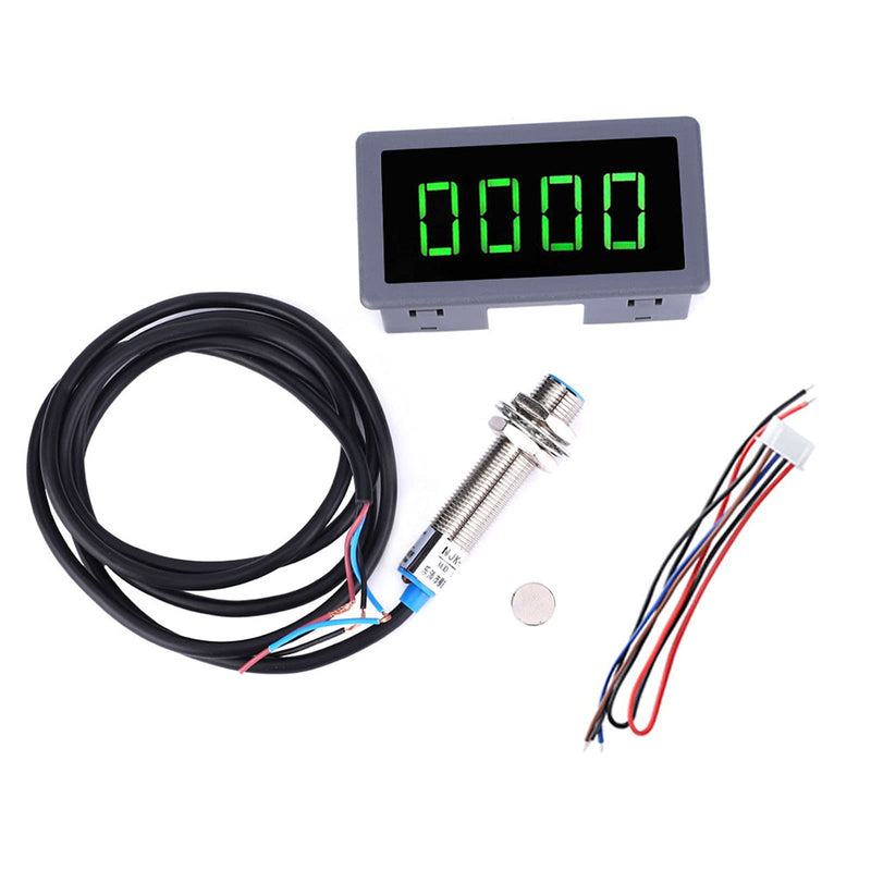 Green 4 Digit LED Engine Tachometer Hall Proximity Switch Magnetic Sensor Speed Meter + NPN Hall Proximity Switch Sensor Holder (Tachometers)