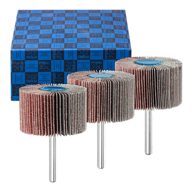 PFERD flap sander set F, 3 pieces. | Corundum Ø50x30mm shaft ø 6mm A60, 80, 120 | 44498004 – for fine sanding & finishing flap sander set F 5030/6 A 50x30 mm grit 60 - 120