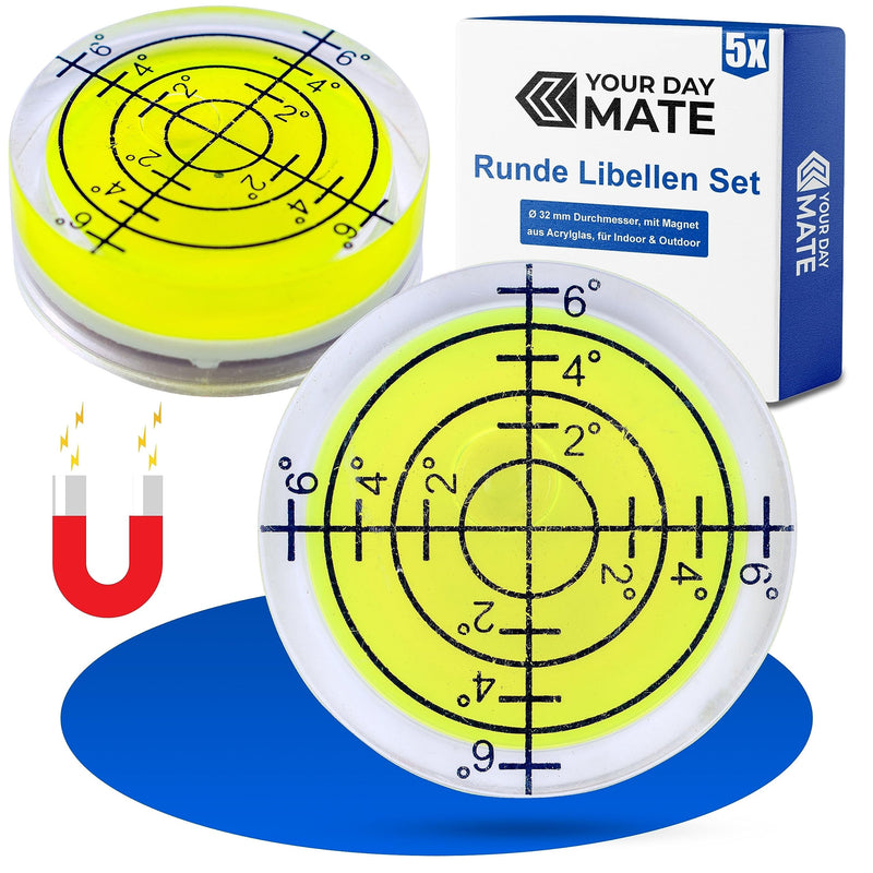Magnetic Levels Set, 5 pieces, with Ø 32 mm diameter, round spirit level with air bubble, small dragonfly water scale, leveling, magnet circular level for caravan, camera, Spirit Level Bullseye Magnetic, Ø 32 mm, 5 pieces