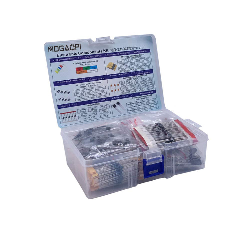 MOGAOPI electronic component kit & a total of 1390 pieces, LED diodes, metal film resistors, electrolytic capacitor package, diodes, ceramic capacitors, transistor assortment box