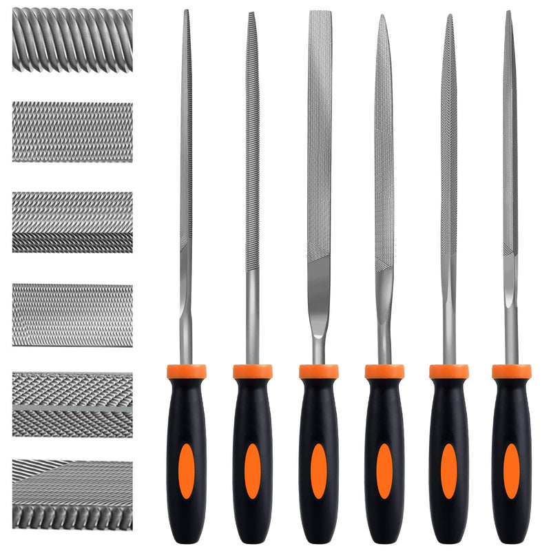 Preciva file set, workshop file set, 6 pieces. File set, file set including flat file, half round, round file, needle file for workshop DIY for rough machining and roughing orange