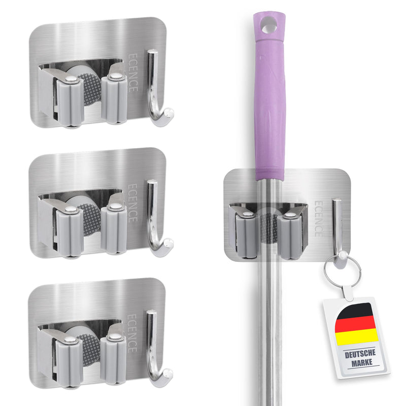 ECENCE 4x self-adhesive device holder, broom holder, wall mount for kitchen, utility room, bathroom, universal holder with quick release, silver