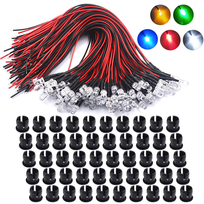 50 pieces pre-wired mini LED light diodes 5 mm DC 12 V set, LED diode model building lighting, multi-coloured white, red, blue, green, yellow Lewttyer