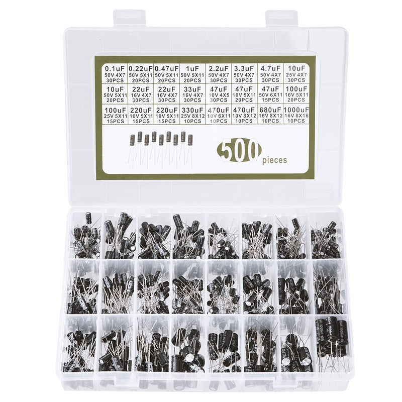 Elkos capacitor aluminum electrolytic capacitor 10V 16V 25V 50V assortment kit capacity 0.1uF to 1000uF with storage box 24 value 500 pieces