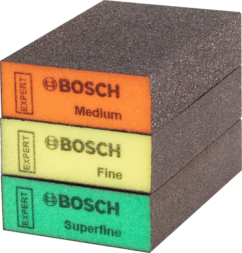 Bosch Professional 3x Expert S471 Standard Blocks (sanding sponge for soft wood, paint on wood, 69 x 97 x 26 mm, fineness level medium / fine / superfine, hand sanding accessories) 3 pieces New version standard block