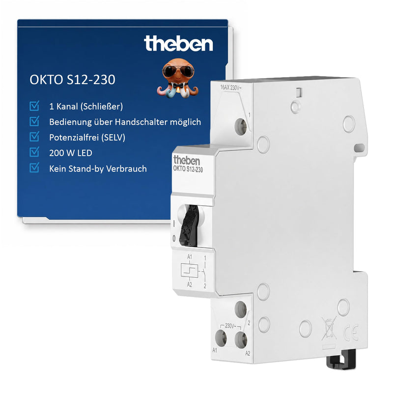 Theben 3120120 OKTO S12-230 Impulse Switch Electromechanical 1-Channel | 230 V, REG, DIN rail/DIN rail, 1 contact NO CONNECT, 200 W LED, SELV, manual switch, no quiescent current pack of 1