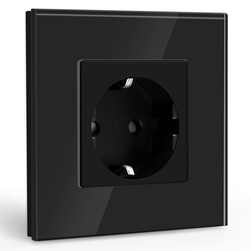 BSEED Schuko socket 1 compartment crystal glass plate socket glass flush-mounted single socket 16Amp socket 86mm extension sockets wall socket black