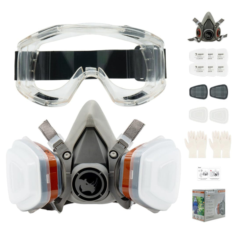 RHINO Smart Solutions Face Protection (Half-Sided) Anti-Dust Reusable with Glasses, Gloves, 6 Particle Protection Filters for Industrial Painting, Gas, Protection, Crafts, Painting, Steam