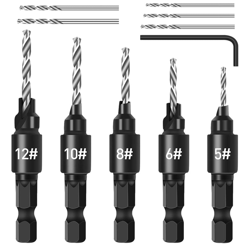 Countersink drill set for woodworking, 5-piece 1/4" twist drill with countersink attachment, 5-piece HSS twist drill with a wrench