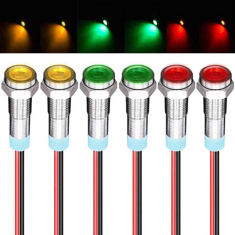 GUUZI 6pcs 12V-24V 6mm LED Panel Pilot Dash Warning Light Indicator Light Lamp Pilot Dash Light Bulbs Directional (Red/Yellow/Green) 12-24V Red/Yellow/Green