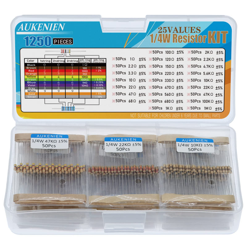 AUKENIEN 1/4W Carbon Film Resistors Assortment 25 Values 1250 Pieces Resistor Set 1 Ohm to 1M Ohm 1/4 Watt 5% Carbon Film Electronic Resistors Resistor Kit 1/4W 5%