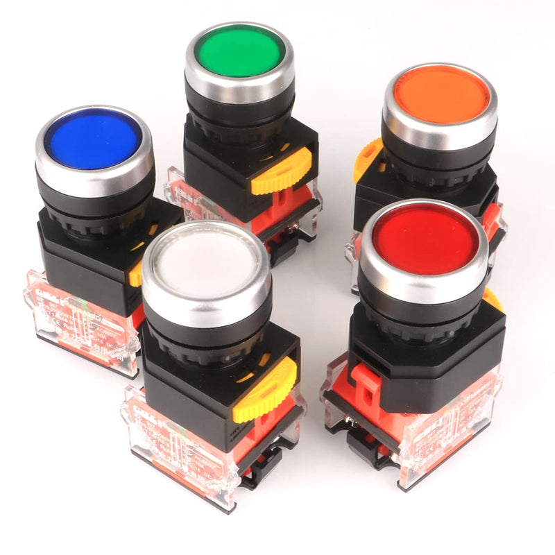 GUUZI 5pcs 22mm Panel Mount 10A 440V 1NO 1NC DPST Red/Green/Orange/Blue/White Momentary Push Button Switch Red/Green/Orange/Blue/White-22mm