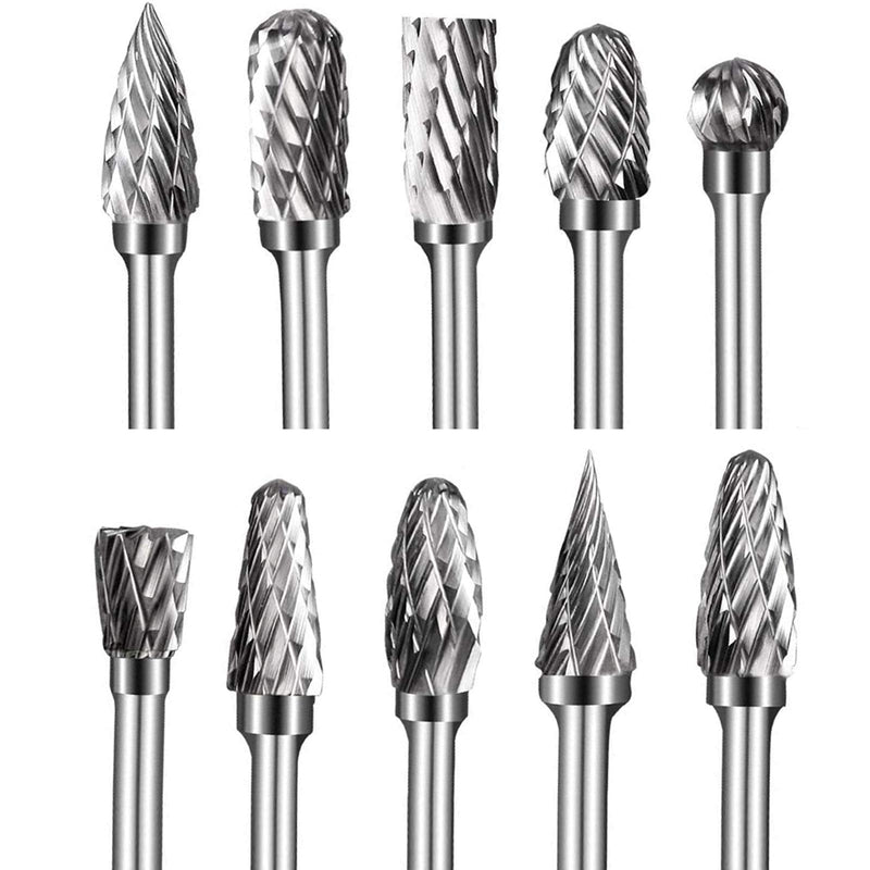 Double Cut Carbide Burrs, 10pcs Tungsten Carbide Rotary Burr Set with 3mm Shank 6mm Grinding Head for Wood & Stone Carving, Steel Metalworking