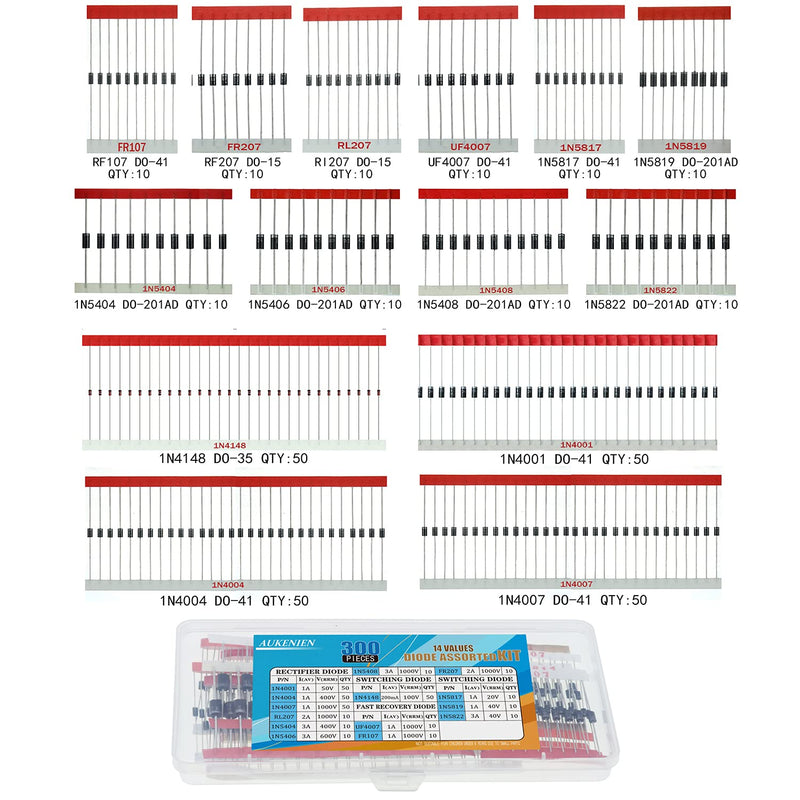 Aukenien 14 value 300 pieces of diodes KIT rectifier switch switch Schottky diode set 1N4001 1N4004 1N5406 1N5408 1N5819 1N5822 Fr107 fr207 RL207 UF4007 Diodes - 14