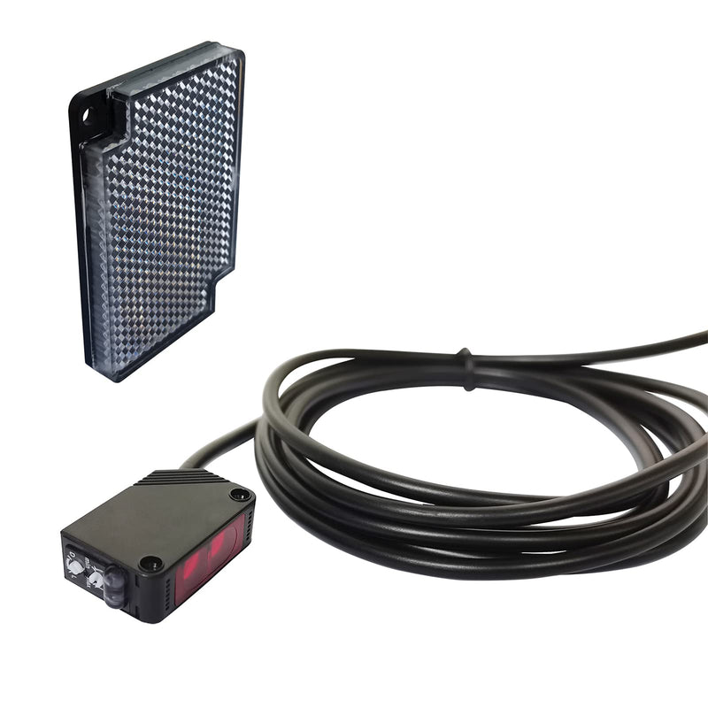 STBTECH E3Z-R61 light barrier sensor interior wall mounting NPN (NO or NC switchable) reflective light barrier mirror reflection proximity switch with 2 m cable, reflector plate, 2 m induction distance 1