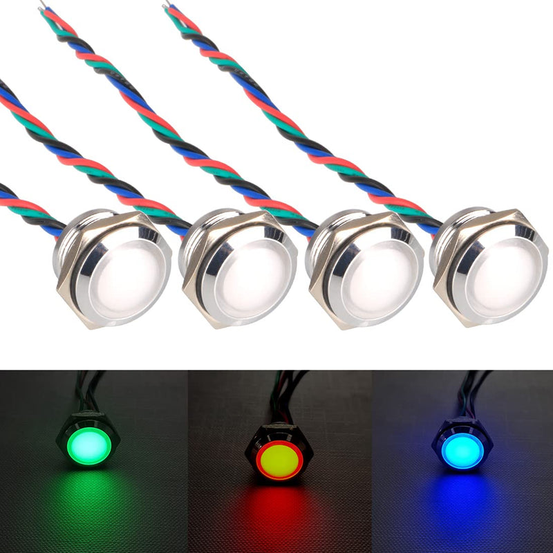GUUZI 4pcs 12V-24V RGB Triple (Red Green Blue) Metal LED Indicator Light 16mm Waterproof Signal Lamp with Cable Red/Blue/Green-16mm