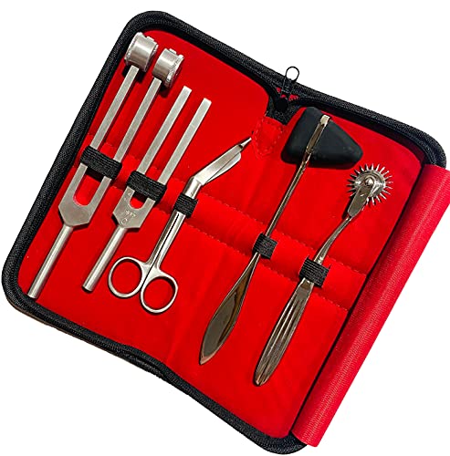 Innotech Diagnostic Reflex and Neurology Sensitivity Diagnostics 5-Piece Set with Nerve Wheel Reflex Hammer Bandage Scissors and Tuning Fork with 512 Hz and 128 Hz (Reflex Set)