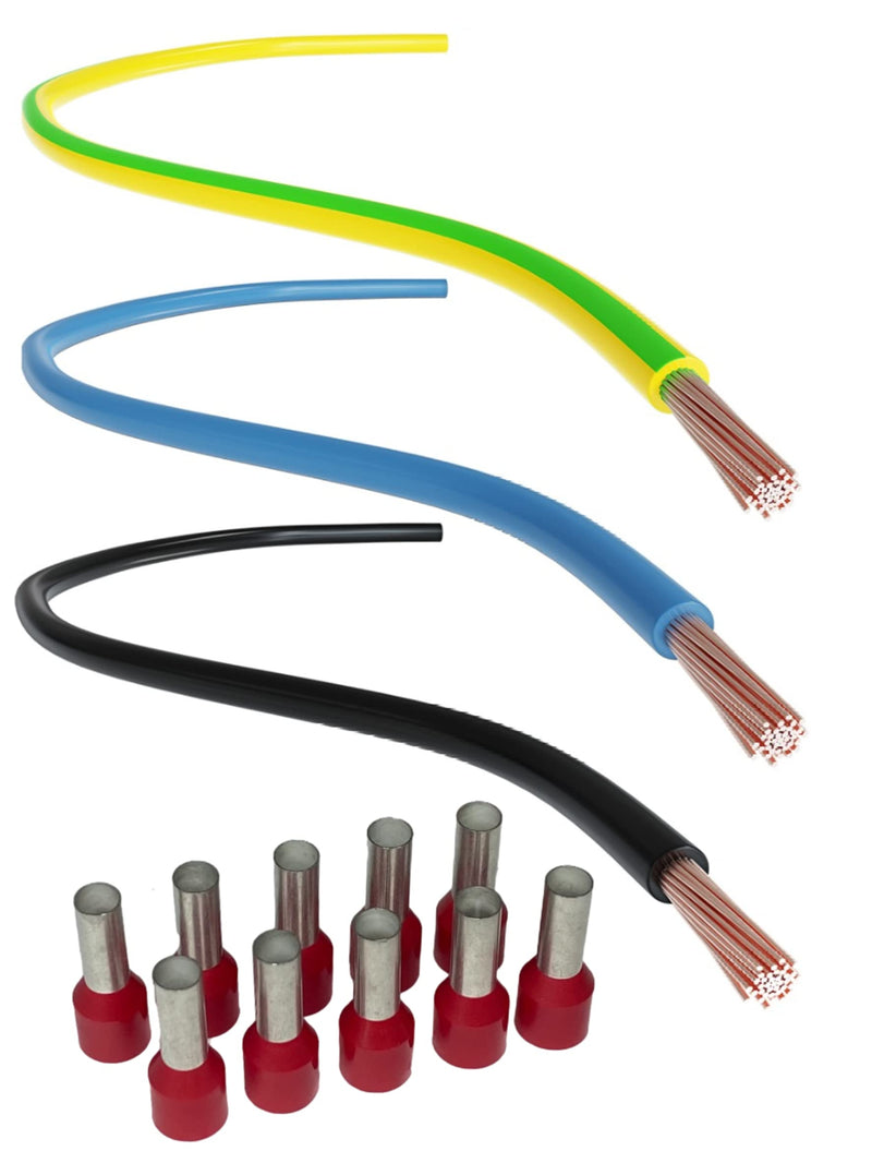 CusoTec wiring cable set 10mm² single core wire cable wiring bridges for meter space black 3m / blue 1m / green-yellow 1m + 10 wire end sleeves
