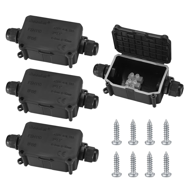 Pack of 4 IP66 waterproof junction boxes, 2-way outdoor cable connector distribution box, black extension cable junction box with PG9 screw connections for Ø3mm-8mm Ø6mm-10mm cable cable 2-way