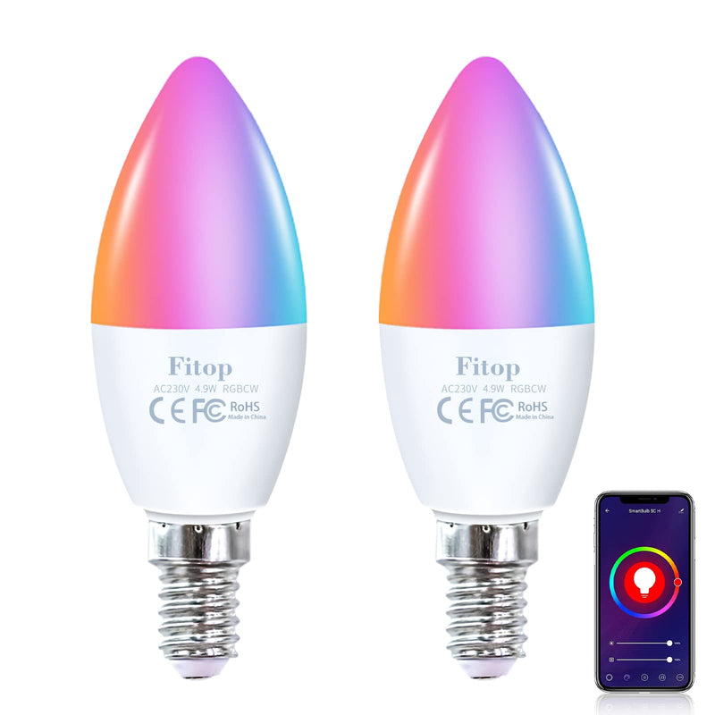 Fitop Alexa Smart Light Bulbs, E14 WiFi LED Lamps Dimmable Light Bulb 4.9W 470Lm+2700-6500K+RGB 16 Million Colors, App Control Compatible with Alexa/Google Home, Voice Control 2 Pack Single E14-2 Pieces