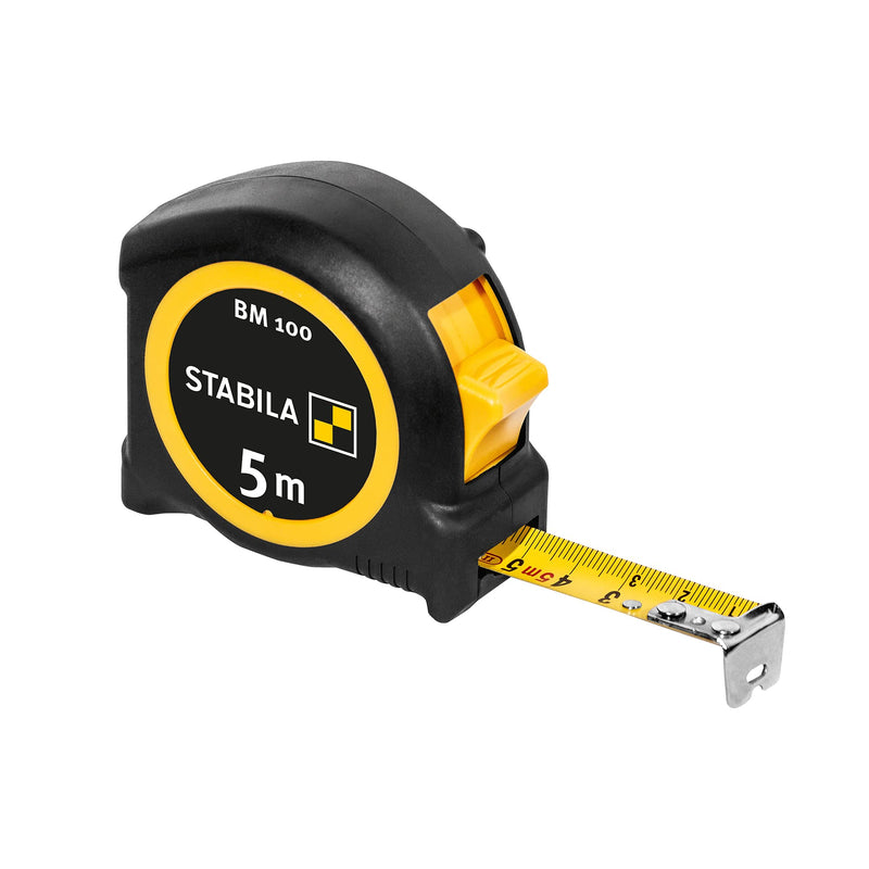 STABILA pocket tape measure BM 100, 5 m, tape measure with metric scale, shatterproof ABS housing, movable starting hook, belt clip, MID accuracy