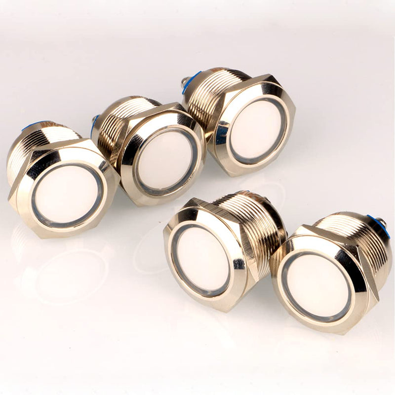 GUUZI 5pcs 12V-24V 22mm LED Metal Indicator Light Waterproof Signal Lamp with Wire(White) White-22mm
