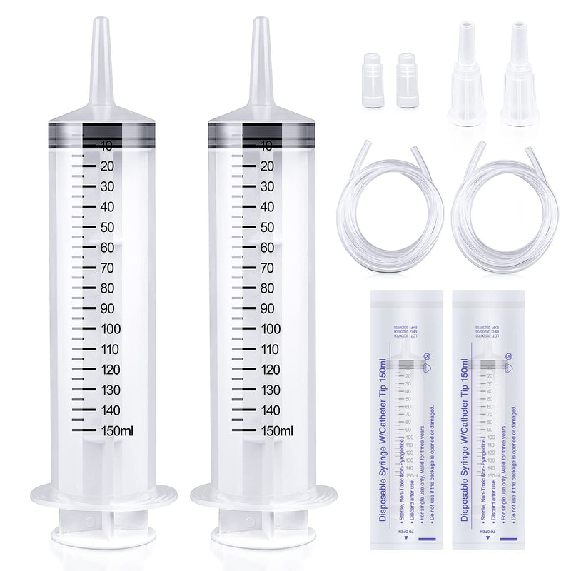 2 packs of plastic syringes with 2 plastic tubes for oil or glue applicators, experiments, pet feeding, industrial applications (150ml) 150ml