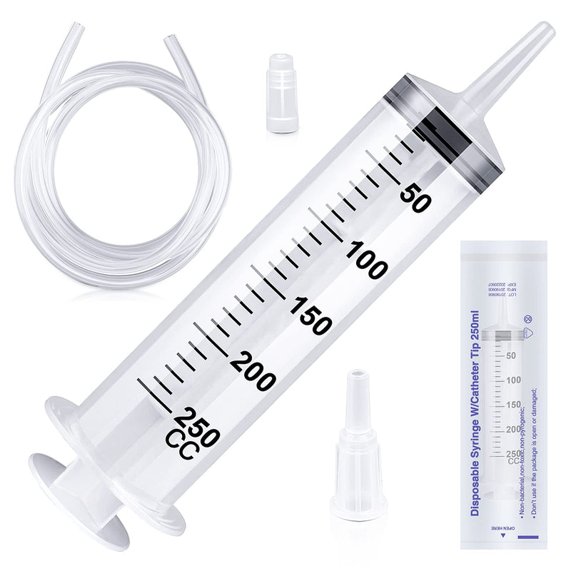 150/250/350/550ml syringe with plastic tubes Reusable plastic syringe for oil or glue applicators, experiments, pet feeding, industrial applications（250ml） 250ML