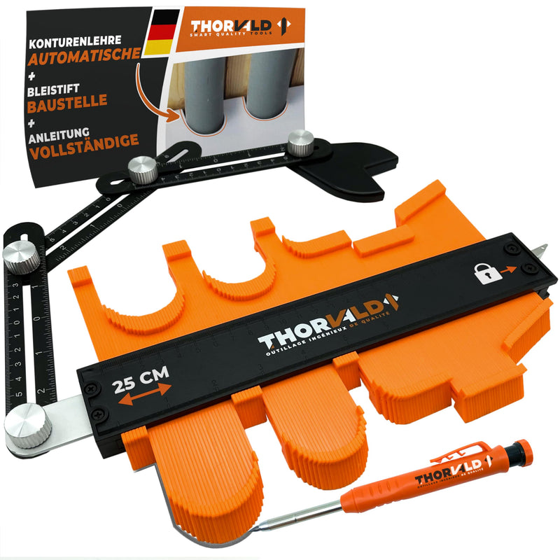 THORVALD tool contour gauge with lock and angle template - 25cm contour gauge contour template for tiles, parquet, laminate - incl. deep hole marker + instructions - contour taker with lock