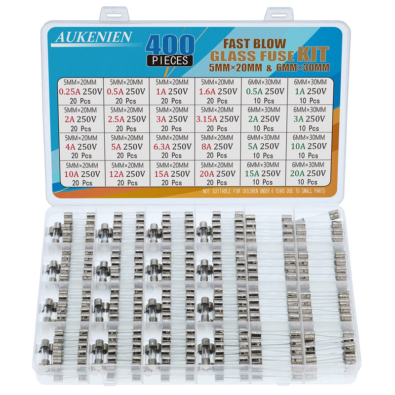 Aukenien 24 values 400 pieces of glass safety set 5x20 mm 0.25a 0.5a 1a 1.6a 2.5a 3a 3.15a 5a 6.3a 8a 12a 15a 250v 6.3x32 6x30 mm 0.5a 3a 5a 10A 15A 20A glass fuses assortment