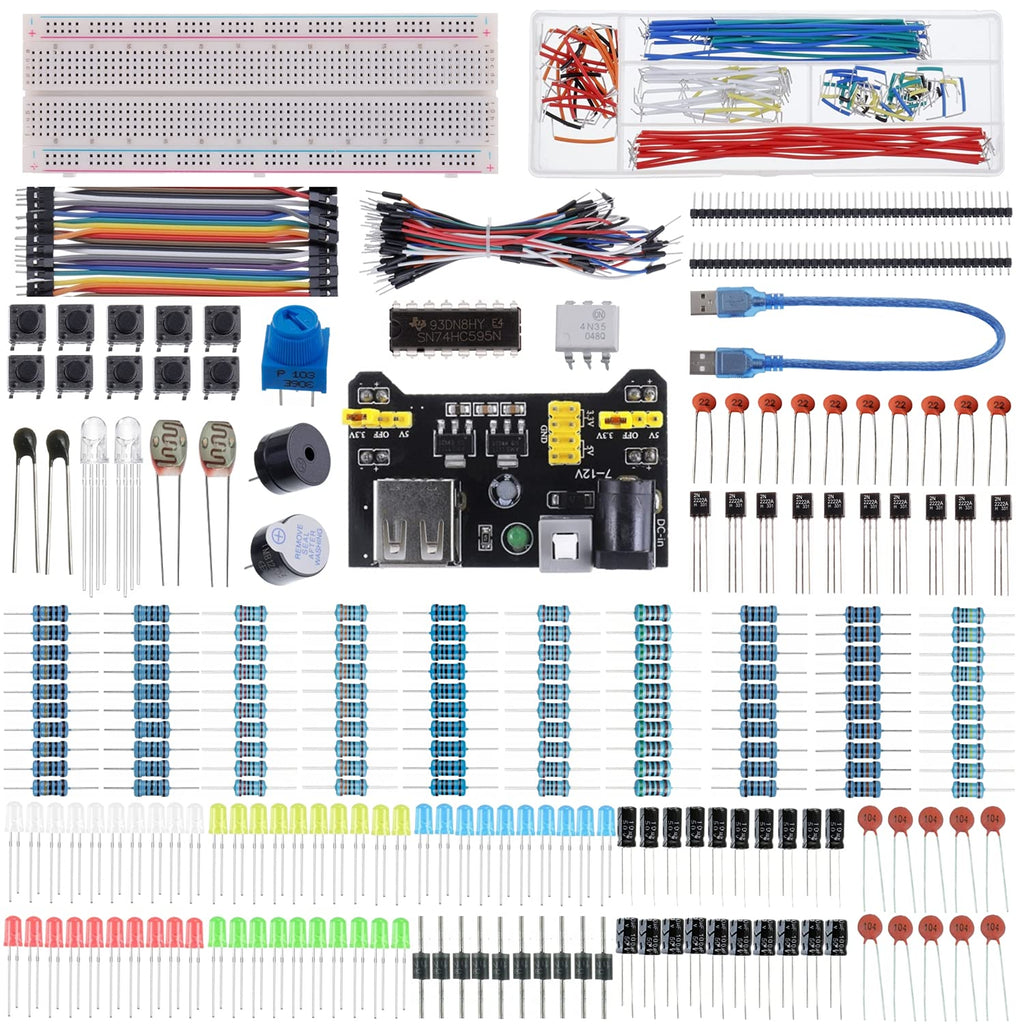 BOJACK 37 values 480 piece electronic components fun kit with power supply module, jumper cable, precision potentiometer, 830 points breadboard, compatible with STM32, Raspberry Pi, Arduino