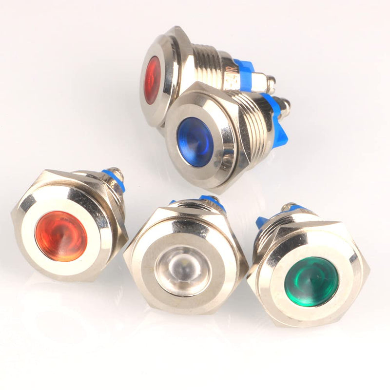 Gebildet 5pcs 16mm 12V-24VDC Stainless Steel Waterproof LED Indicator Light Screw Terminals in 5 Colors Red/Orange/Blue/Green/White 16mm 12V-24V
