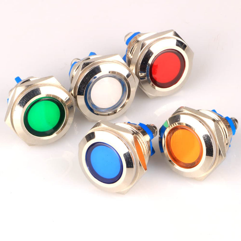 GUUZI 5pcs 12V-24V 16mm LED Metal Indicator Light Waterproof Signal Lamp with Wire(Red/Yellow/Blue/Green/White) Red/Yellow/Blue/Green/White