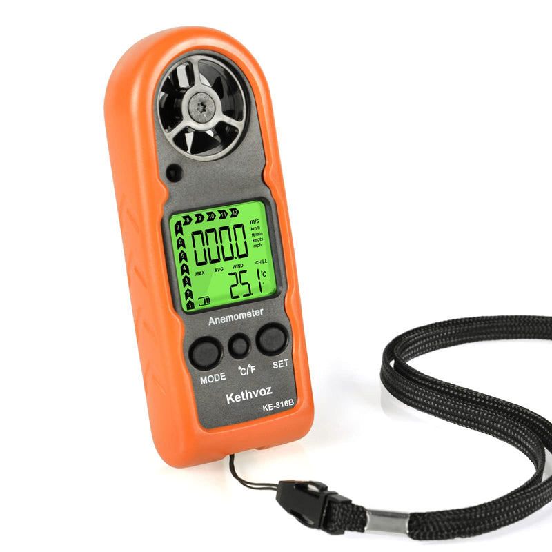Mini Wind Gauge Digital Wind Meter, Kethvoz Handheld Anemometer Measure Air Flow Speed 0.3~30m/s, Wind Gauge with Thermometer for Windsurfing Kite Drone Flying Sailing Surfing KE-816B