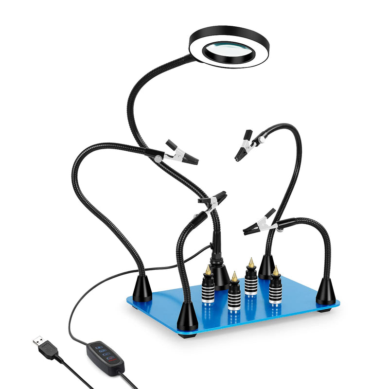 Toolour Magnetic Helping Hand with Light, Third Hand Soldering Tool with 3X LED Magnifier (No Adapter), Soldering Holder with 4 PCB Columns, 4 Flexible Arms Soldering Station, Ideal for Soldering 4AB-BL