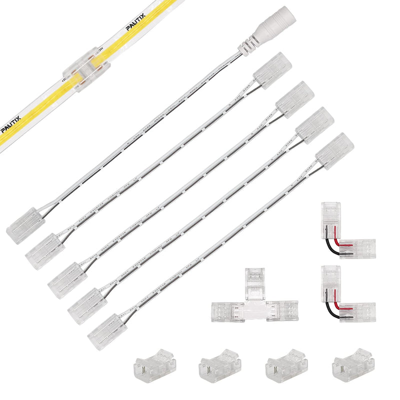 COB LED strip connector set for 8mm width COB strip 2Pin, 4 pieces transparent center connectors, 2 pieces L-shape, 1 piece T-shape and 4 pieces dual-end extension wires 15cm with 1 piece DC 8mm COB connector upgraded