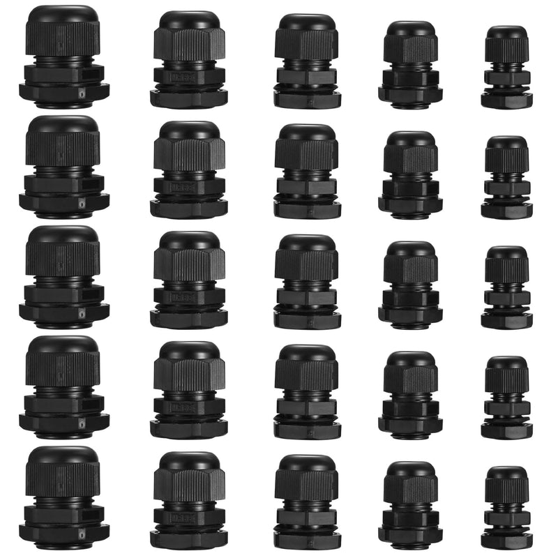 25 piece cable gland set, adjustable cable gland, waterproof, nylon cable glands with locking nuts, black cable connectors - PG7/PG9/PG11/PG13.5/PG16