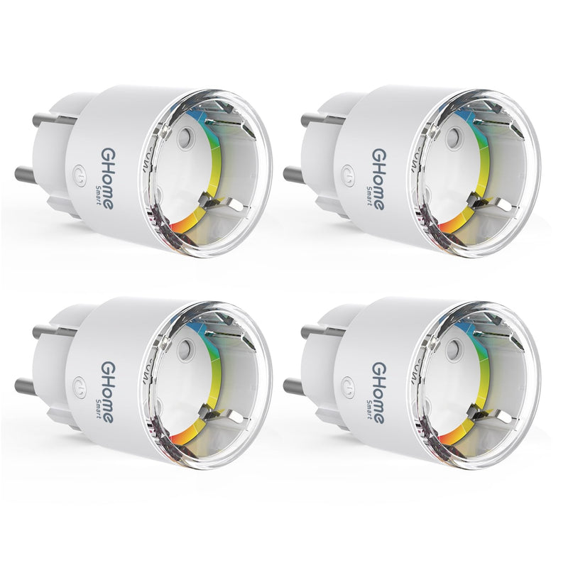 GHome Smart WLAN socket, smallest WiFi socket pack of 4, power consumption measurement, app remote control, works with Alexa, Google Home, voice control, schedule, TÜV certified, 10A, only 2.4GHz WiFi pack of 4 single