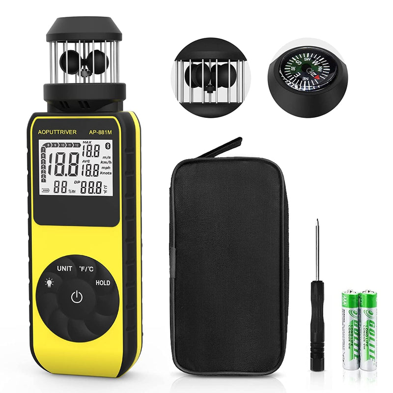 Digital Anemometer Handheld AP-881M Wind Gauge Anemometer with 360° Wind Direction Wind Cup Anemometer with Temp(℃/℉) Air Velocity Measurement Air Volume for HVAC Vents, Boat Sailing