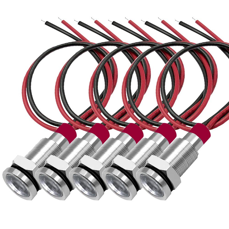 Gebildet Pack of 5 10mm 3V-4.5V-5V-6V-7.5V-9V LED Metal Indicator Light Waterproof Signal Lamp Pilot Dash with Wire (White) White (10mm)