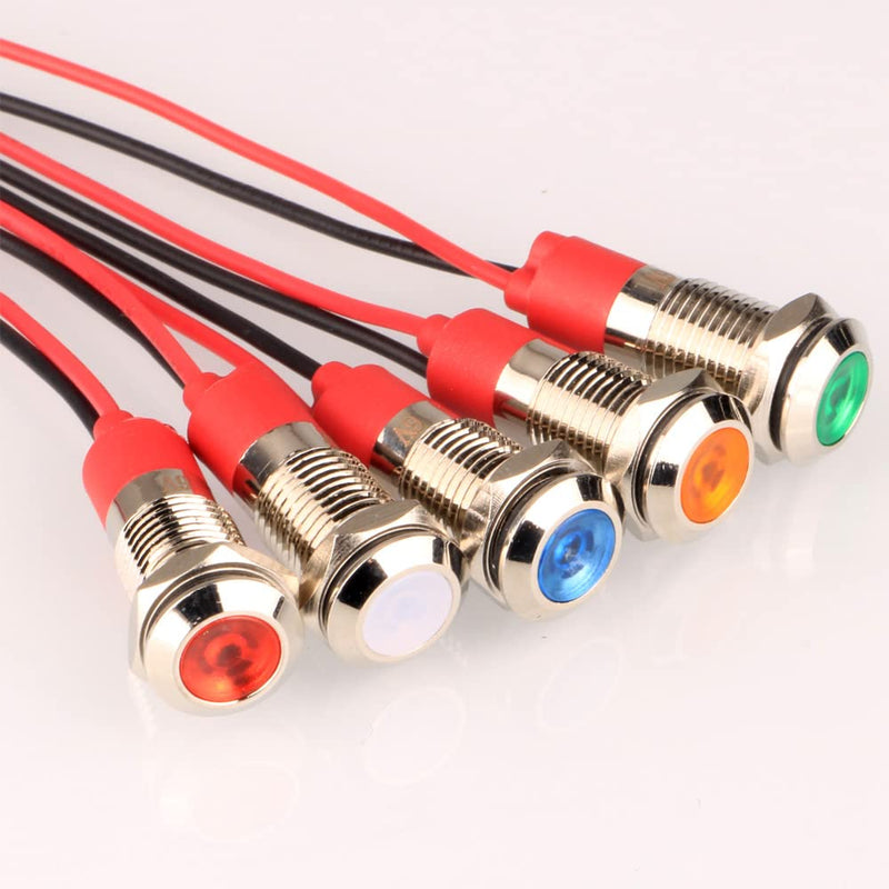 Gebildet Pack of 5 8mm 3V-4.5V-5V-6V-7.5V-9V LED Metal Indicator Light Waterproof Signal Lamp Pilot Dash with Wire (Red/Orange/Blue/Green/White) Red/Orange/Blue/Green/White (8mm)