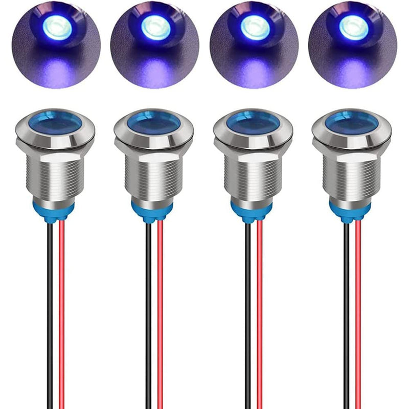 Gebildet Pack of 4 12mm 3V-4.5V-5V-6V-7.5V-9V LED Metal Indicator Light Waterproof Signal Lamp Pilot Dash with Wire (Blue) Blue (12mm)