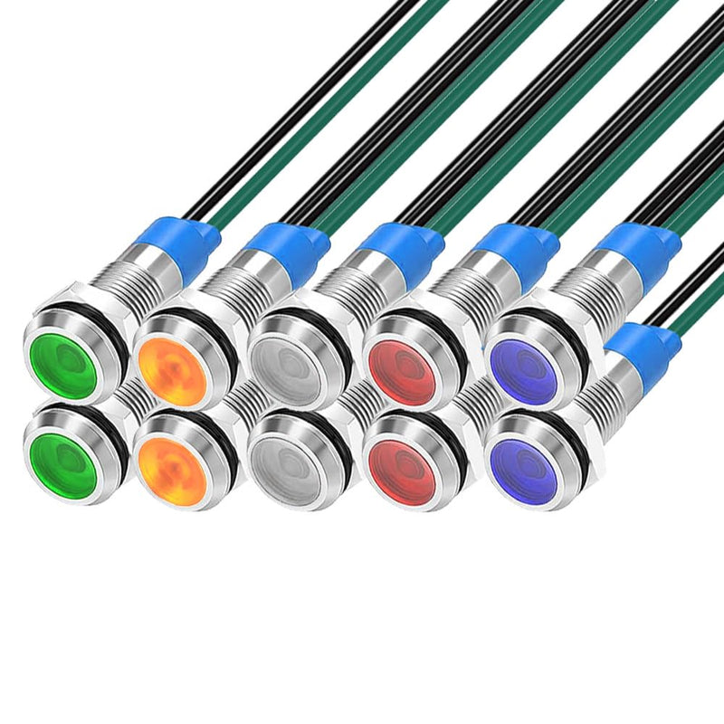 Gebildet Pack of 10 6 mm 3V-4.5V-5V-6V-7.5V-9V LED Metal Indicator Light Waterproof Signal Lamp Pilot Dash with Wire (Red/Orange/Blue/Green/White) Multicolored