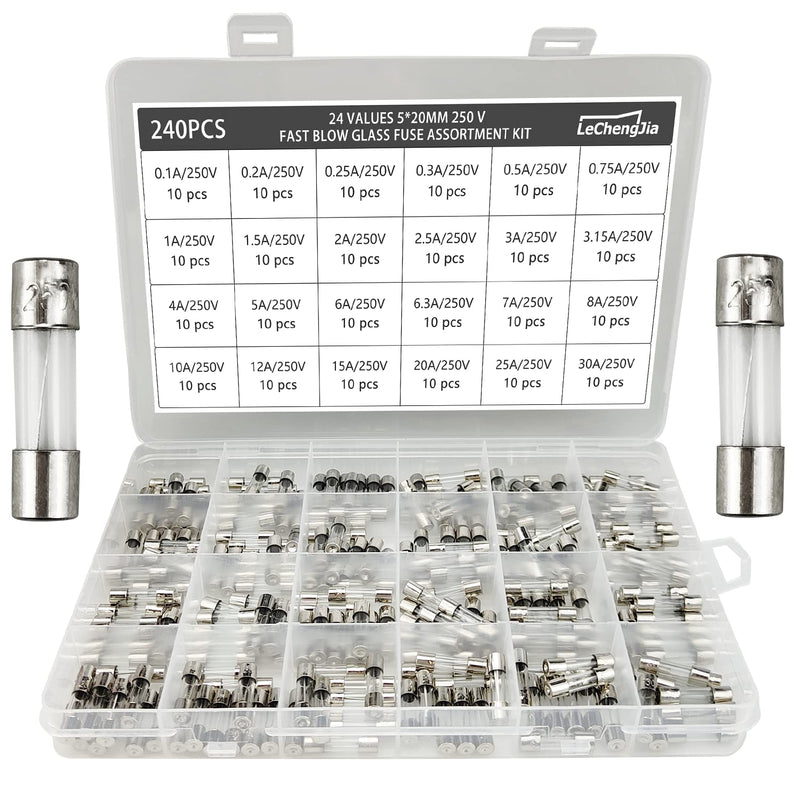 240 piece 5x20mm 250V glass fuse assortment with clear plastic box