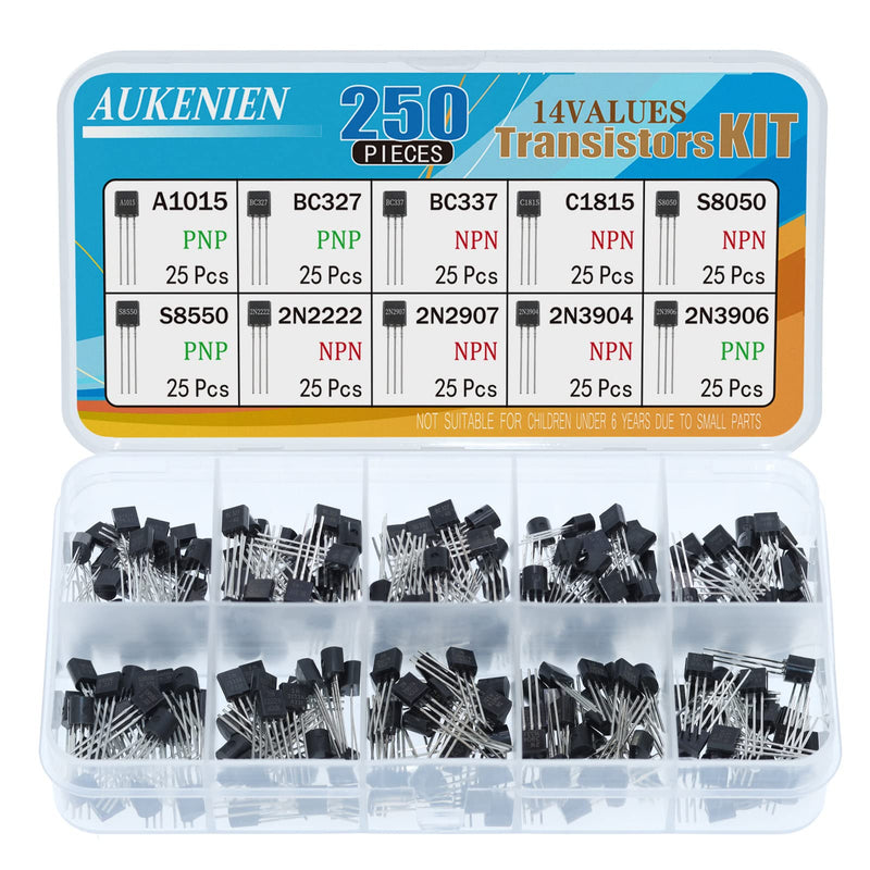 AUKENIEN BJT Transistor Transistors Assortment Kit 10 Values 250pcs NPN PNP Power General Transistors 2N2222 2N2907 2N3904 2N3906 A1015 BC327 BC337 C1815 S8050 S8550 TO-92 BJT-10 Values