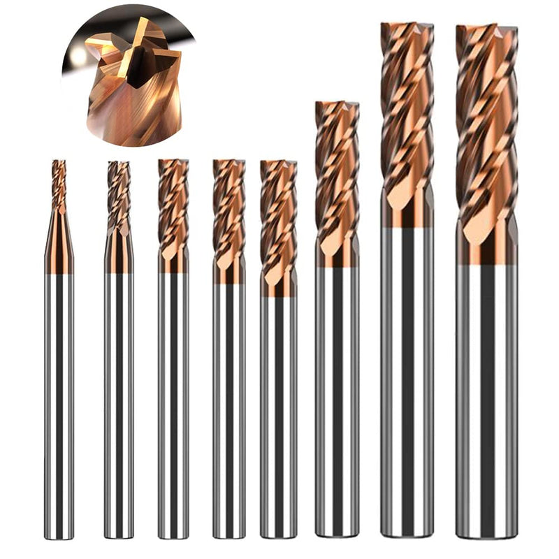 ASNOMY 8-piece solid carbide end mill 4 flutes carbide slot cutter diameter 2-12 mm CNC end mill plain cutter set for metal - AlTiN coated 55 HRC