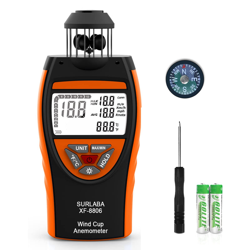 Digital Cup Wind Meter, Handheld Anemometer ±4% High Accuracy Wind Gauge Measures MAX/MIN/AVG Wind Speed & Temperature (℃/℉), Wind Meter with Compass for Shooting, Sailing, Surfing, Drone XF-8806