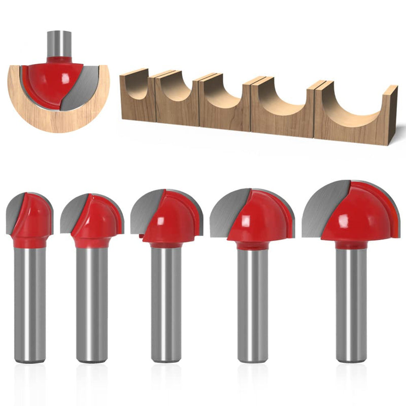 ASNOMY 5-piece 8 mm shaft carbide router, hollow groove cutter, round nose cove core box cutter, ball cutter, woodworking cutter - 12 mm/16 mm/19 mm/22 mm/25.4 mm