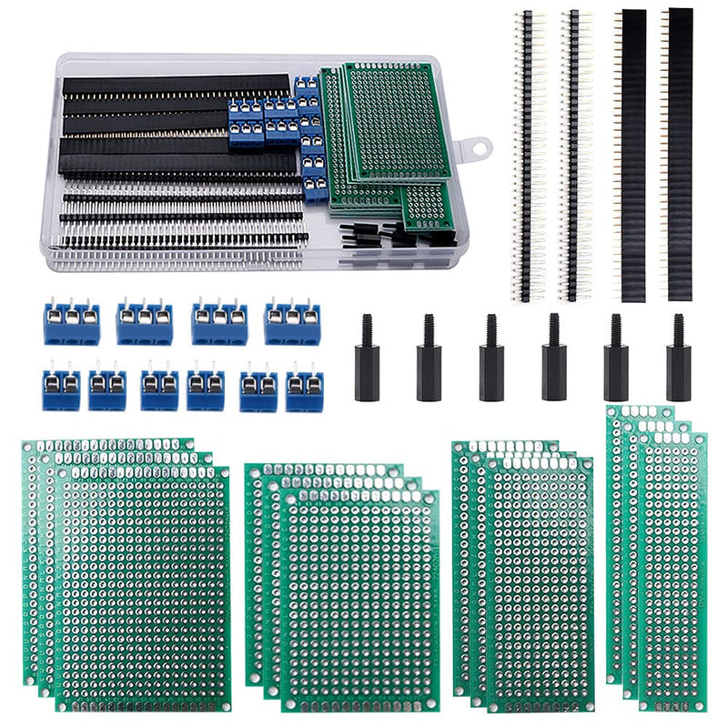 VooGenzek 46 pieces PCB board kits, 12 pieces double-sided circuit board prototype cards + 12 pieces male/female header connector + 10 pieces 2/3-pin screw terminal + 12 pieces nylon column 12+12+10+12