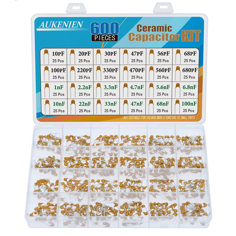 AUKENIEN 24 Value 600 Piece Ceramic Capacitor Set Capacitors Assortment from 10pF to 100nF Ceramic Capacitor Capacitor Kit Ceramic Capacitor 10pF ~ 100nF